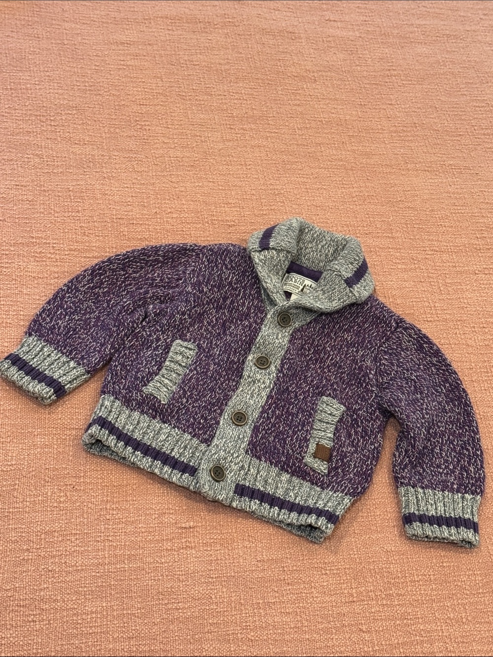 Toddler 12-18 mths Shawl Collar Knit Cardigan in Purple & Gray cotton blend